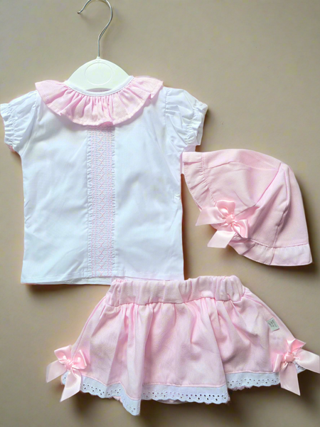 Spanish Baby Girls Pink Smocked Summer Skort & Hat Set M002S ~ 6-24m
