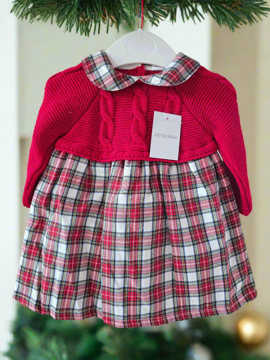 Traditional Baby Girls Red Half Knit Plaid Dress - 6-12m