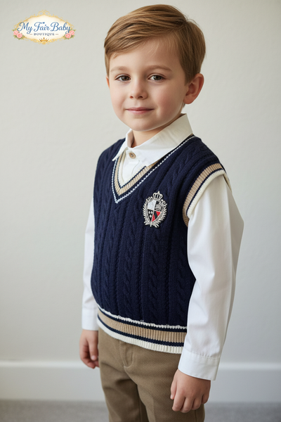 Beau Kid Traditional Boys Navy & Camel Tank Top 3pc Set 2802