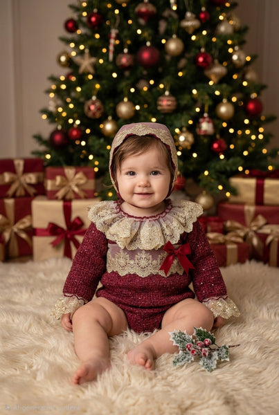 Ela Confeccion Spanish Girls Burgundy Lace Trimmed Romper & Bonnet Set  - IN STOCK NOW