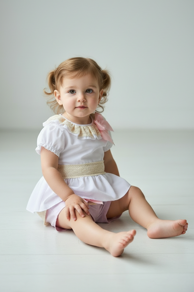 Spanish Baby Girls White Peplum Blouse & Pink Short Set M004 ~ 3-36m