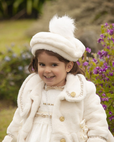Sonata Spanish Girls Cream Fur Pom Pom Beret ~ 5,6,8y ~ IN STOCK NOW