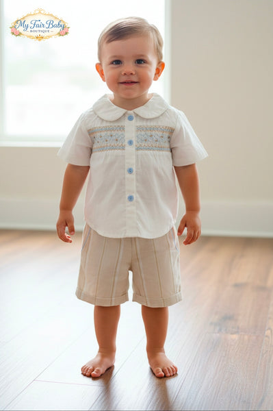 Beau Kid SS26 Boys Cream Smocked Short Set 2J107B