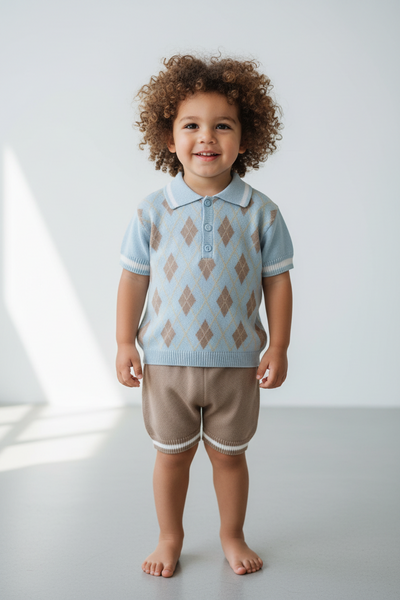 Spanish Boys Blue & Camel Diamond Knitted Short Set ~ 1-4y