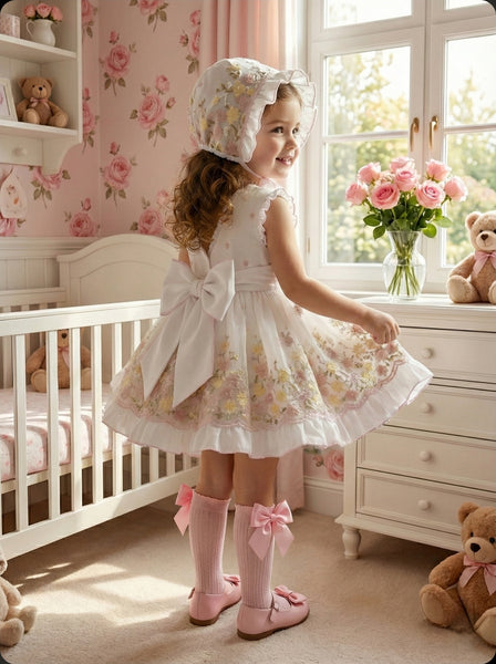 Sonata Infantil SS26 Girls Floral Embroidered Puffball Dress VE2610 ~ MADE TO ORDER