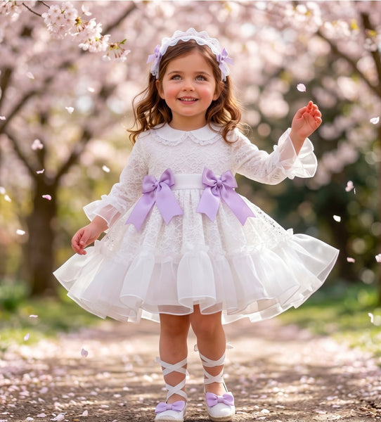 Sonata Spanish Girls White & Lilac Lace Puffball Dress VE2627- MADE TO ORDER