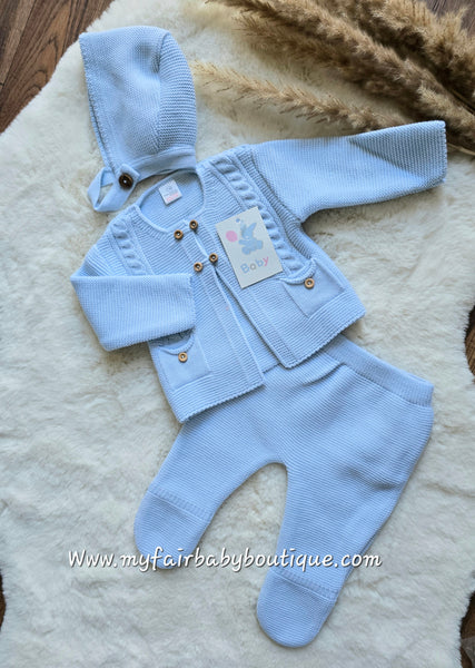 Spanish Baby Boys Blue Knitted Trouser & Cardigan 3pc Set C3035