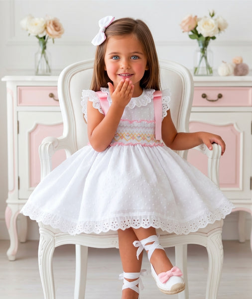 Sonata Infantil SS26 Girls White Plumetti Smocked Puffball Dress VE2631 ~ MADE TO ORDER