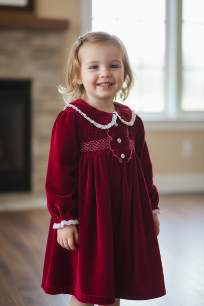 Beau Kid Traditional Girls Red Velvet Smocked Dress 112219 ~ 4-5y