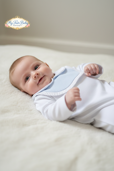 Spanish Baby Boys White & Blue Cotton Sleepsuit/Babygrow