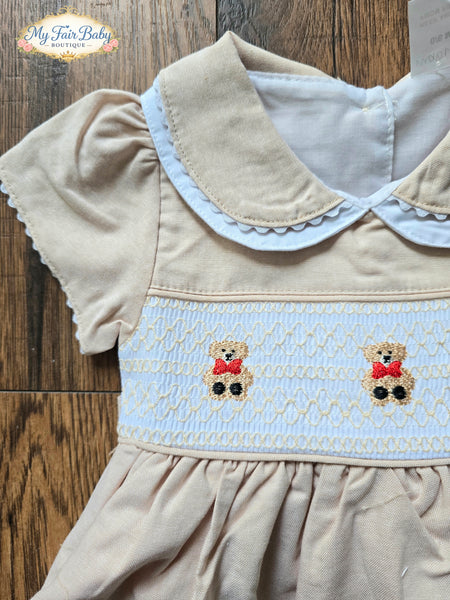 Mabini Traditional Girls Cream Smocked Teddy Dress Set