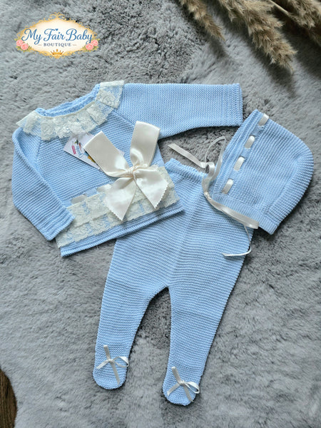 Spanish Creaciones Gavidia Unisex Baby Blue Knitted 3pc Set 8213