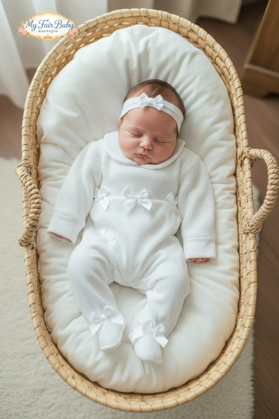 Spanish Baby Girls White Half-knit Bow Velour Sleepsuit/Babygrow ~ 3-12m