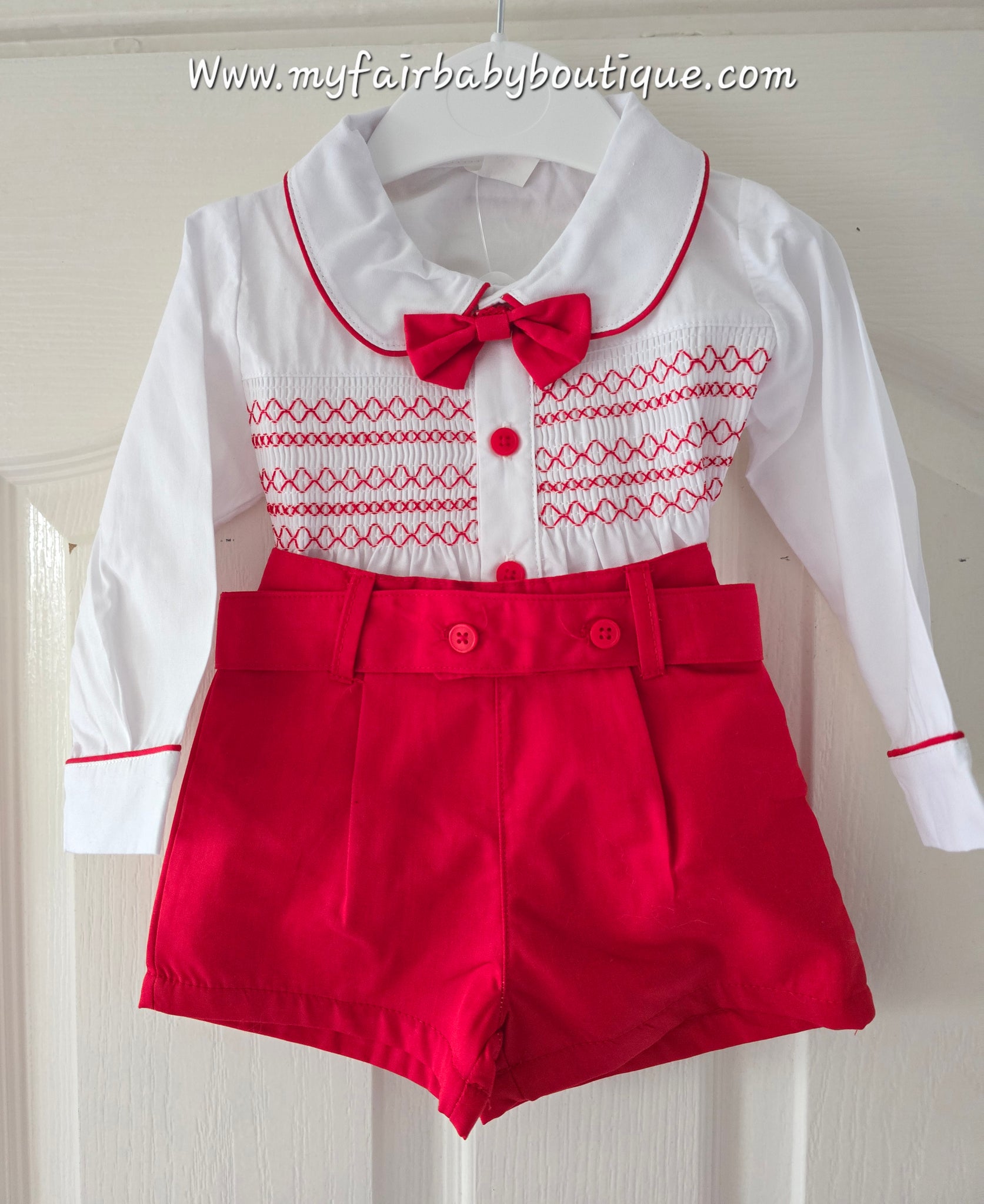 Mabini Traditional Spanish Boys Red Smocked 3pc Christmas Short Set 6130 ~ 0-4y