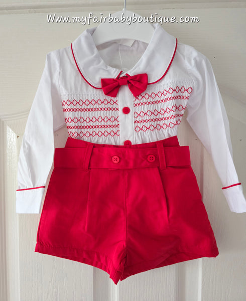 Mabini Traditional Spanish Boys Red Smocked 3pc Christmas Short Set 6130 ~ 0-4y