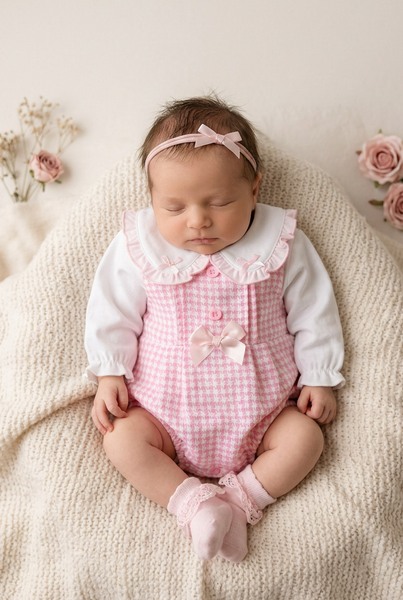 Traditional Baby Girls Pink Houndstooth Romper - Prem & NB