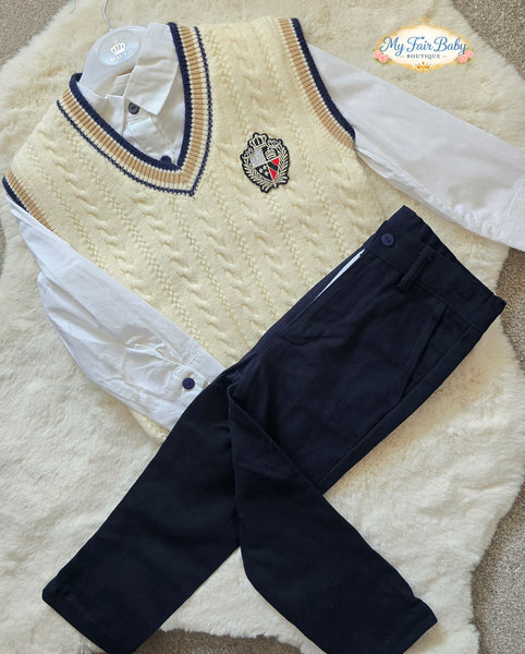 Beau Kid Traditional Boys Cream & Navy Tank Top 3pc Set 2802