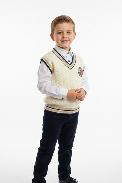 Beau Kid Traditional Boys Cream & Navy Tank Top 3pc Set 2802