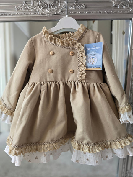 Ceyber AW25 Spanish Girls Camel & White Dress with Lace B2555 ~ 12m-8y