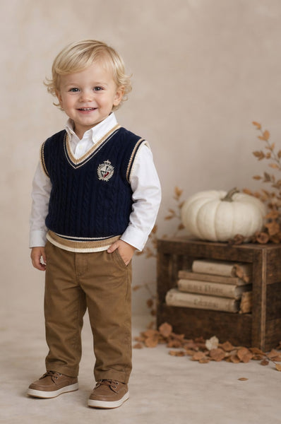 Beau Kid Traditional Boys Navy & Camel Tank Top 3pc Set 2802
