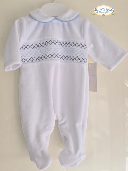 Spanish Baby Boys White & Blue Smocked Velour Sleepsuit/Babygrow
