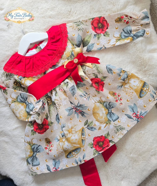 Traditional Girls Red Printed Christmas Dress ~ 1-6y