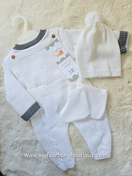 Spanish Baby Boys White & Grey Knitted Romper 4pc Set ~ 1-6m