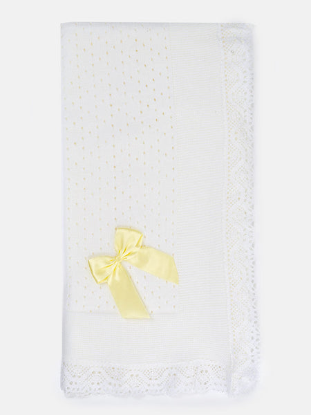 Spanish Unisex Baby White & Lemon Lace & Bow Shawl / Blanket
