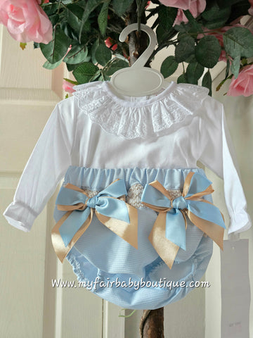 Spanish Baby Girls Blue & Gold Smocked Jam Pant Set ~ 3-36m