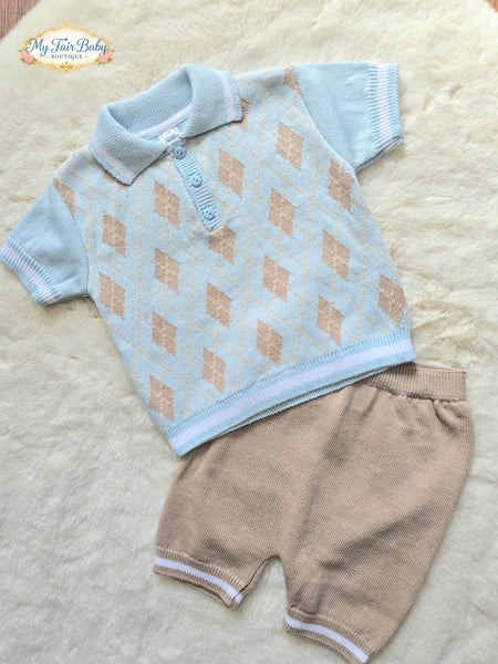 Spanish Boys Blue & Camel Diamond Knitted Short Set ~ 1-4y