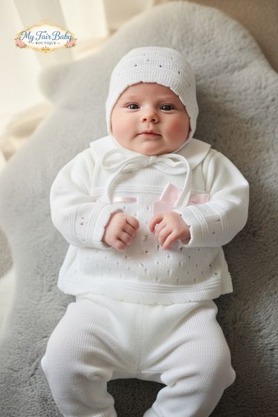Spanish Baby Girls White & Pink Knitted 3pc Set ~ 0-3m