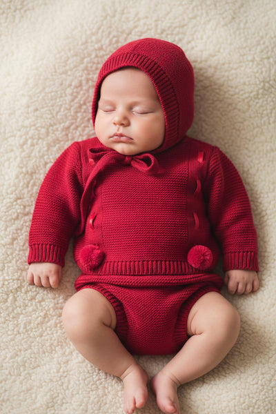 Spanish Unisex Baby Red Knitted Jam Pant 3pc Set