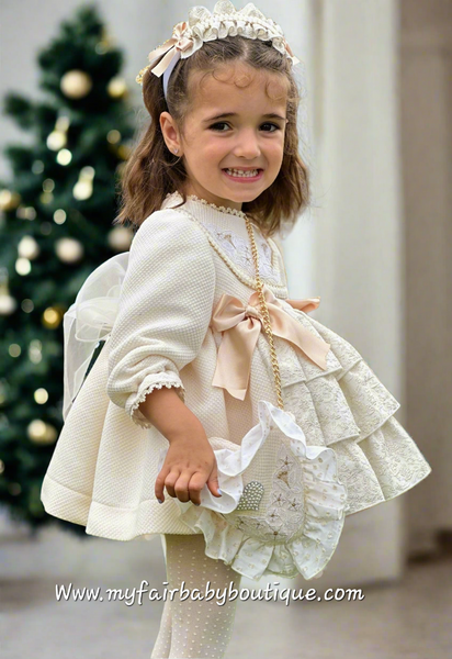 Sonata Infantil AW25 Spanish Girls Cream & Gold Christmas Puffball Dress IN2516 ~ MADE TO ORDER