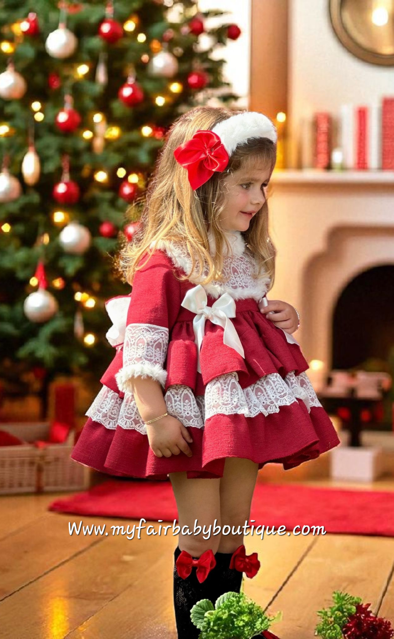 Sonata Infantil AW25 Spanish Girls Red Lace & Fur Puffball Dress IN2506 ~ MADE TO ORDER