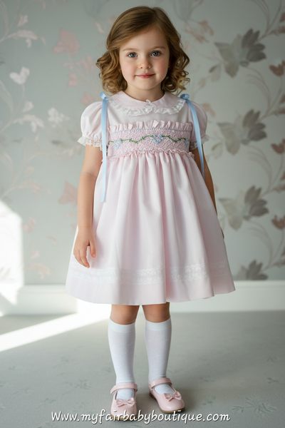 Sonata Infantil Spanish Girls Pink & Blue Smocked Puffball Dress & Bonnet VE2426 ~ 3y ~ IN STOCK NOW