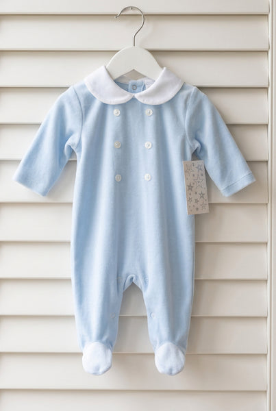 Spanish Baby Boys Blue Velour Button Sleepsuit/Babygrow SG262 ~ NB-6m