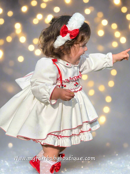 Sonata Infantil AW25 Spanish Girls White & Red Velvet Smocked Puffball Dress IN2511 ~ MADE TO ORDER