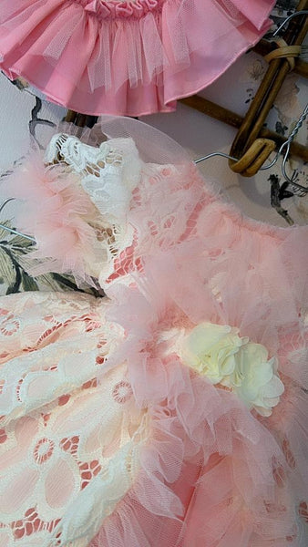 Ela Confeccion SS25 Spanish Girls Pink & Cream Tulle & Lace Puffball Dress ~ IN STOCK NOW