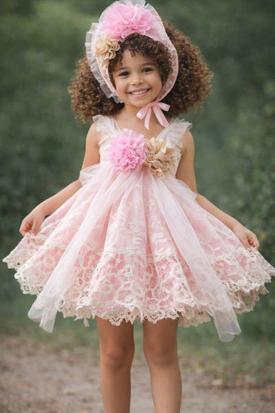 Ela Confeccion SS26 Girls Pink & White Lace Heloise Puffball Dress - MADE TO ORDER