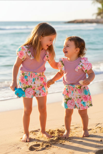 Girls Dusky Pink Top & Floral Short Set - 4-14y