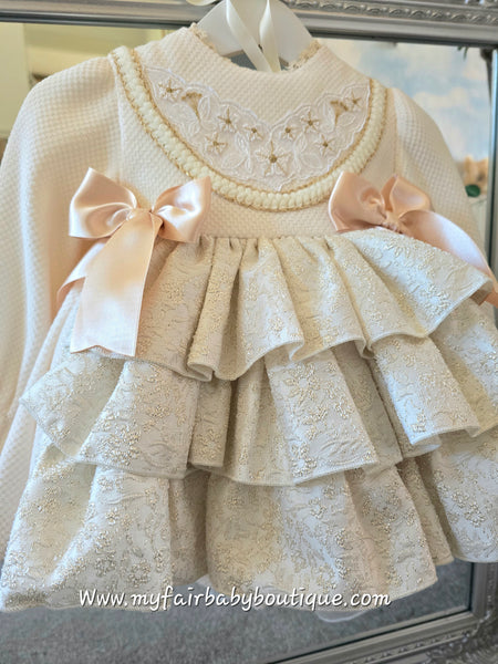 Sonata Infantil AW25 Spanish Girls Cream & Gold Christmas Puffball Dress IN2516 ~ MADE TO ORDER