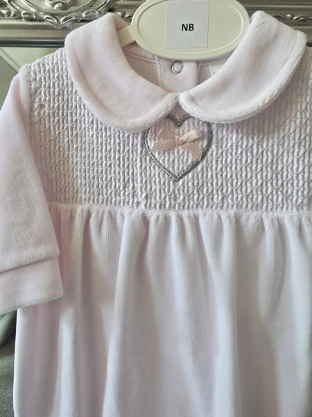 Spanish Baby Girls Soft Pale Pink Smocked Velour Sleepsuit/Babygrow ~ 0-6m
