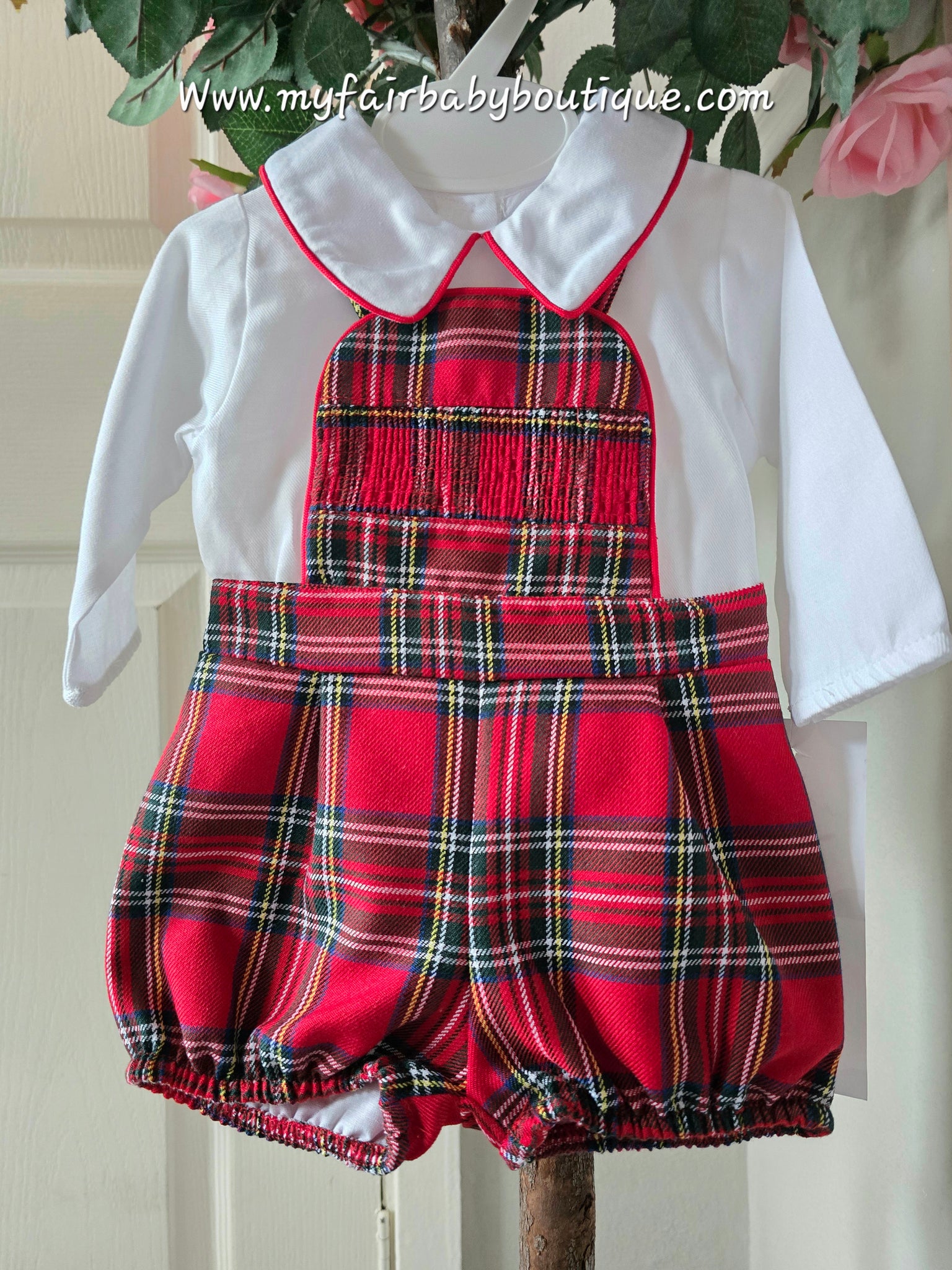 Spanish Baby Boys Red Smocked Christmas Tartan Dungaree Set R004 ~ 3-36m