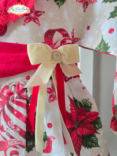 Traditional Girls Red Poinsetta Christmas Dress ~ 1-6y