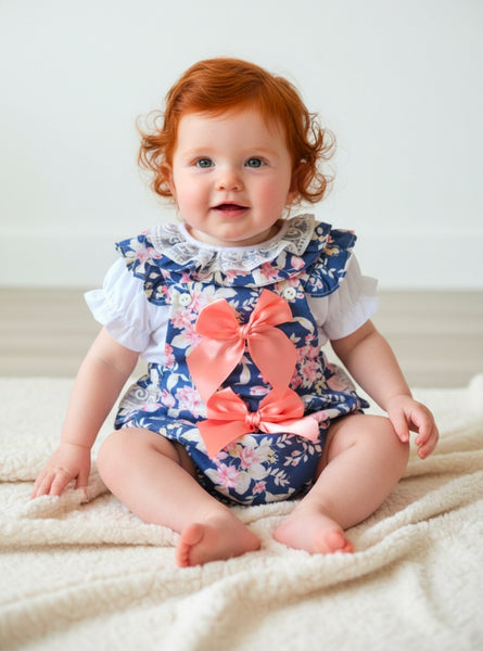 Spanish Baby Girls Navy & Peach Floral Romper M002 ~ 3-36m