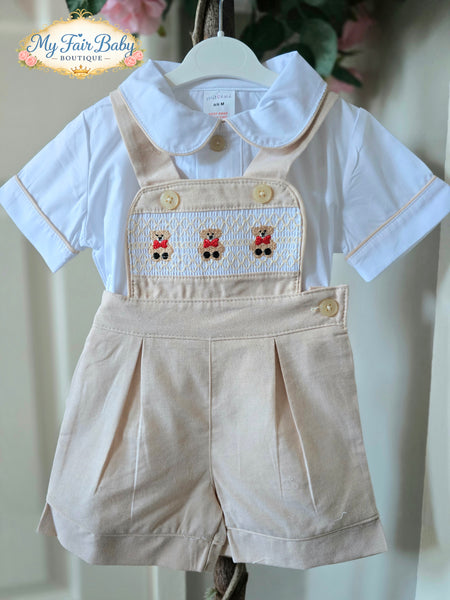 Mabini Traditional Boys Cream Smocked Teddy Dungaree Set 6373 ~ 0-4y
