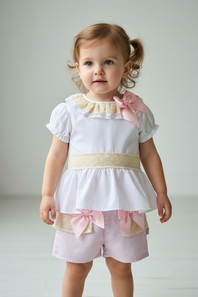 Spanish Baby Girls White Peplum Blouse & Pink Short Set M004 ~ 3-36m