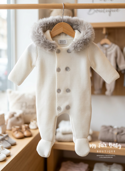Traditional Unisex Baby Ivory Knitted Snowsuit/Pramsuit