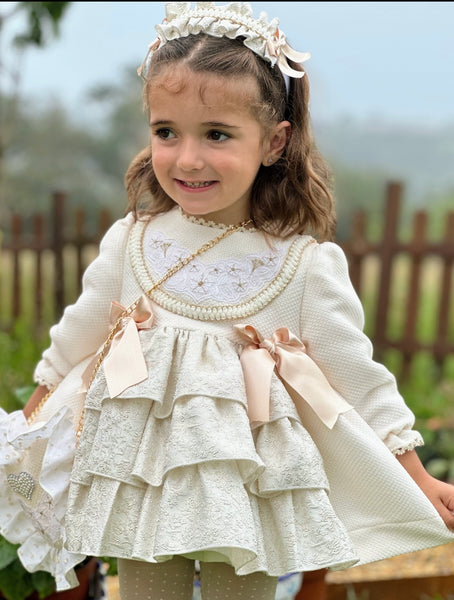 Sonata Infantil AW25 Spanish Girls Cream & Gold Christmas Puffball Dress IN2516 ~ MADE TO ORDER
