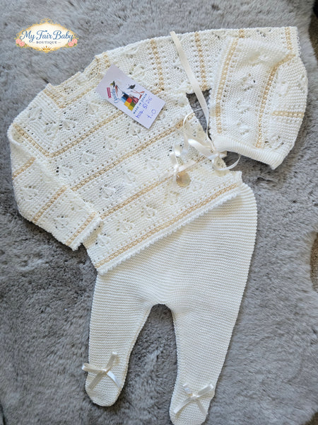 Spanish Creaciones Gavidia Unisex Baby Cream & Camel Knitted 3pc Lace Set 5126